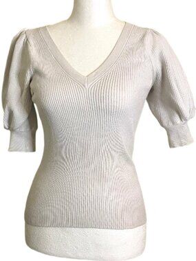 Ramy Brook Beige V-Neck, Puff Sleeve Knit/Ribbed Knit Blend Stretch Top Size XXS